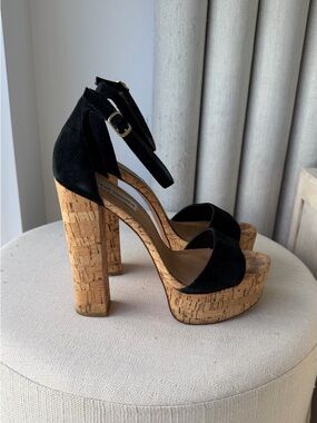 Steve Madden Black Suede Cork Platform Heels Black heel with ankle strap